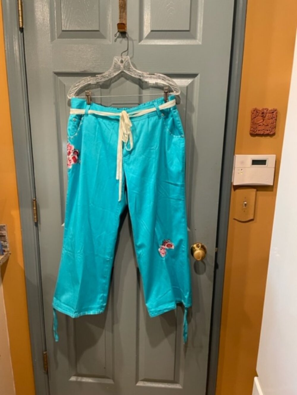 Soft Surroundings embroidered teal cropped pants, L, never worn, rare